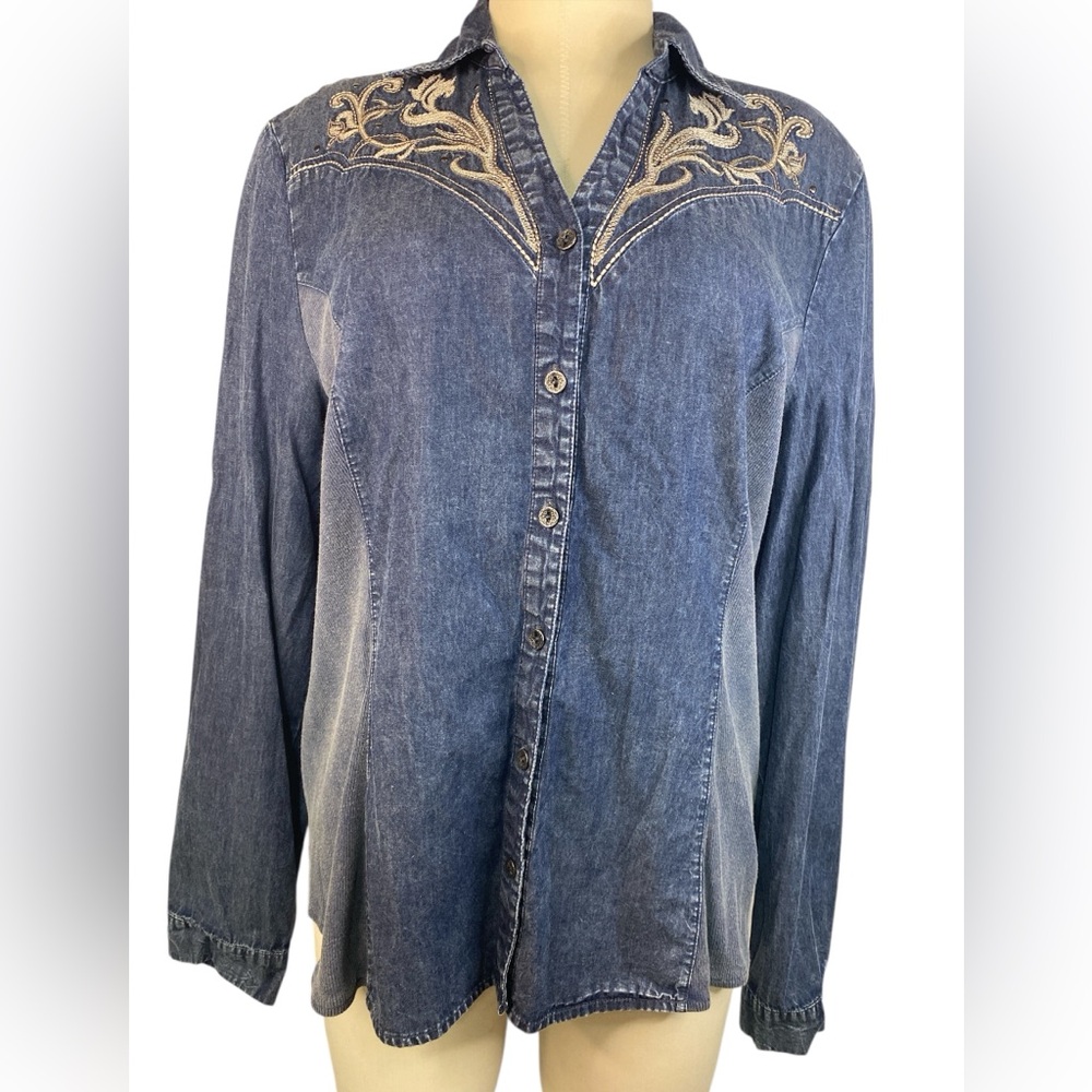 Reba Blue Denim Embroidered Button-Down Shirt Women’s XL